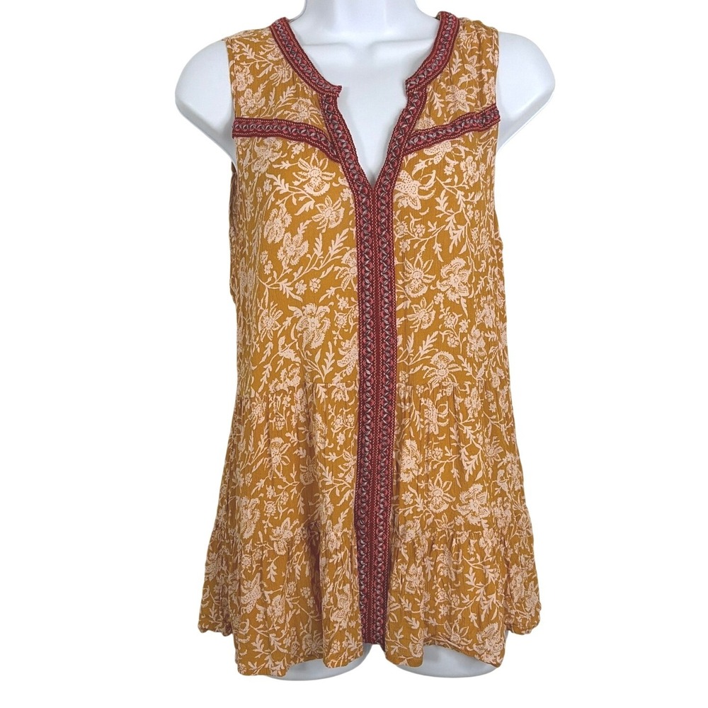 Democracy Womens Floral Boho Tiered Tunic Top Embroidered Mustard Large
